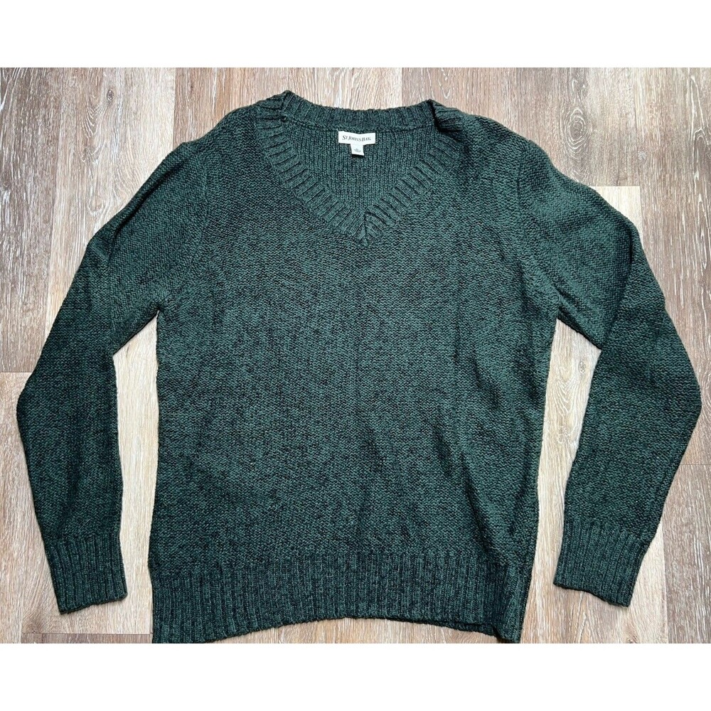 St John's Bay Women's Green Cable Knit V-Neck Sweater X-Large
